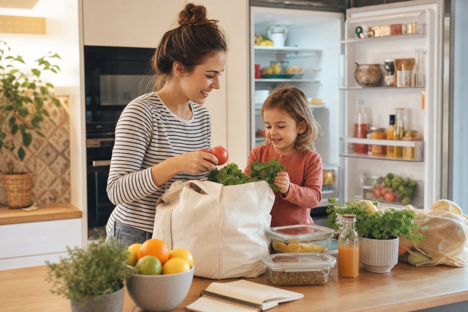 Young mother and a child are sorting out food in the kitchen