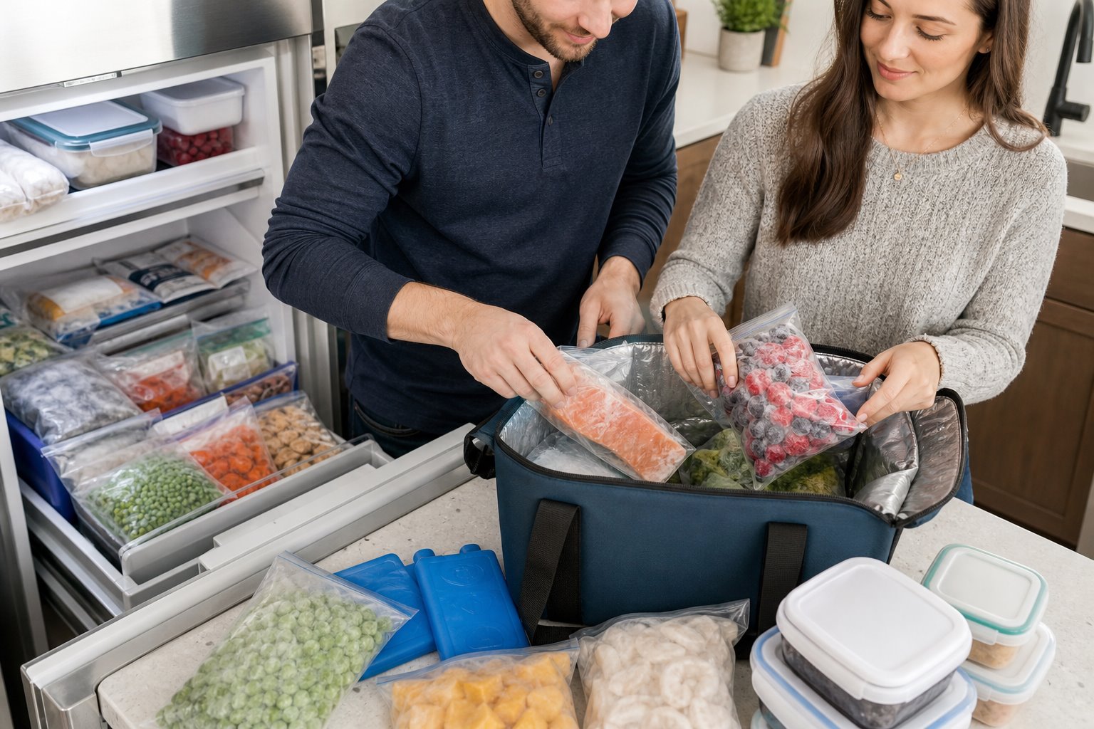 The family prepares frozen food for transportation