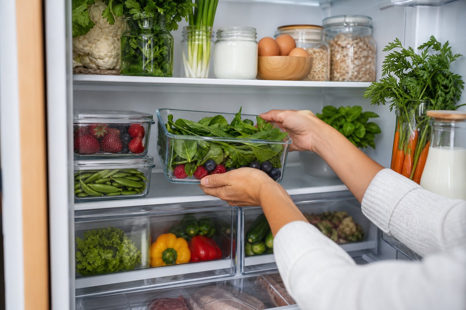 Refrigerator shelves with fresh food in containers