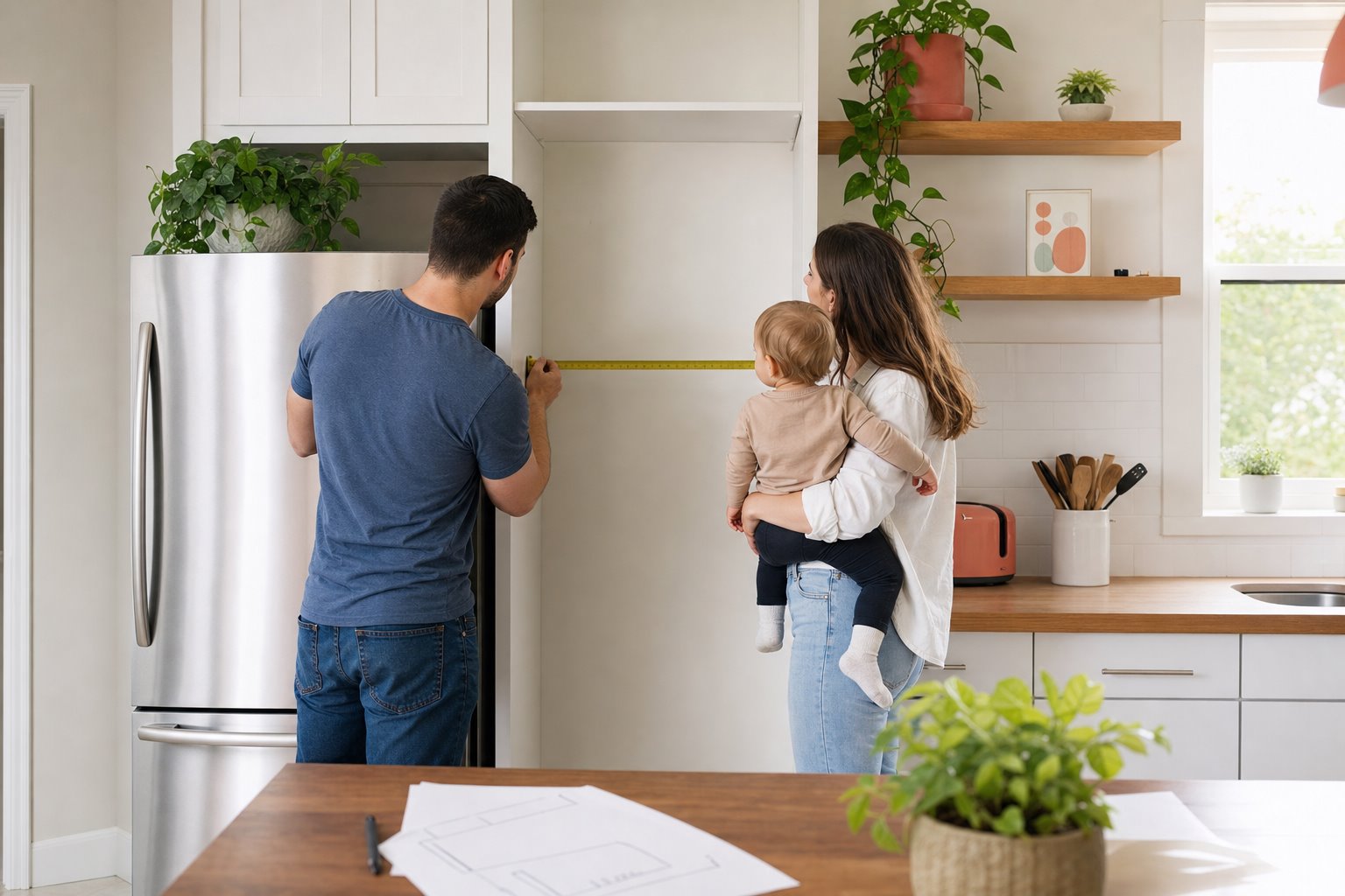 Young family measures the space for the refrigerator in the kitchen