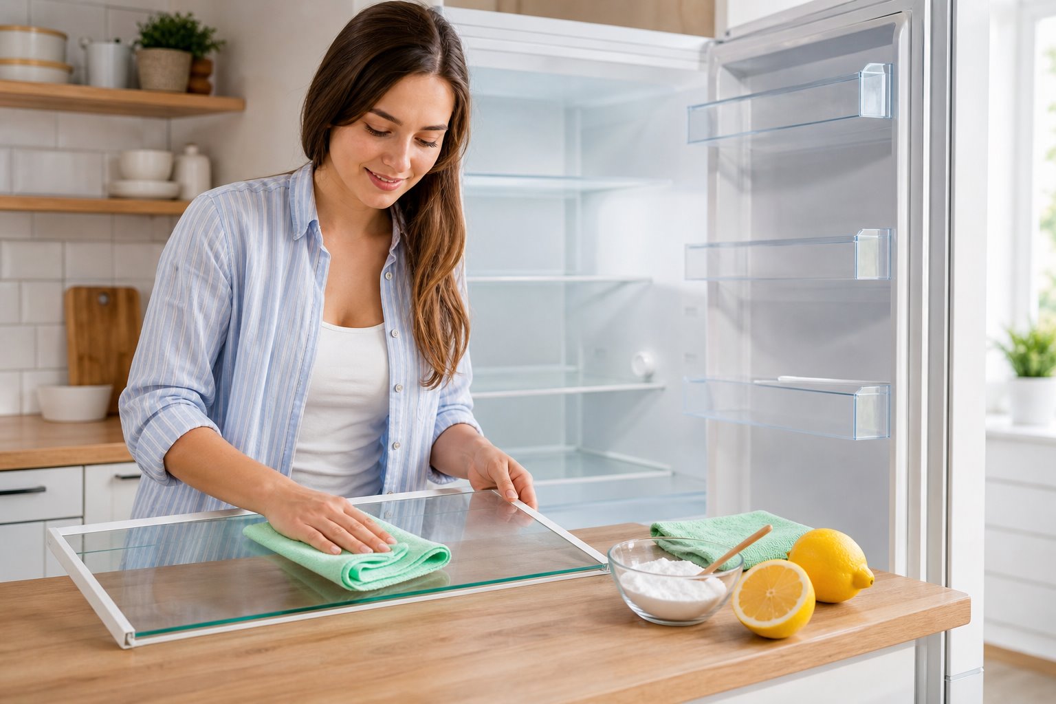 Young mother cleans the refrigerator shelf