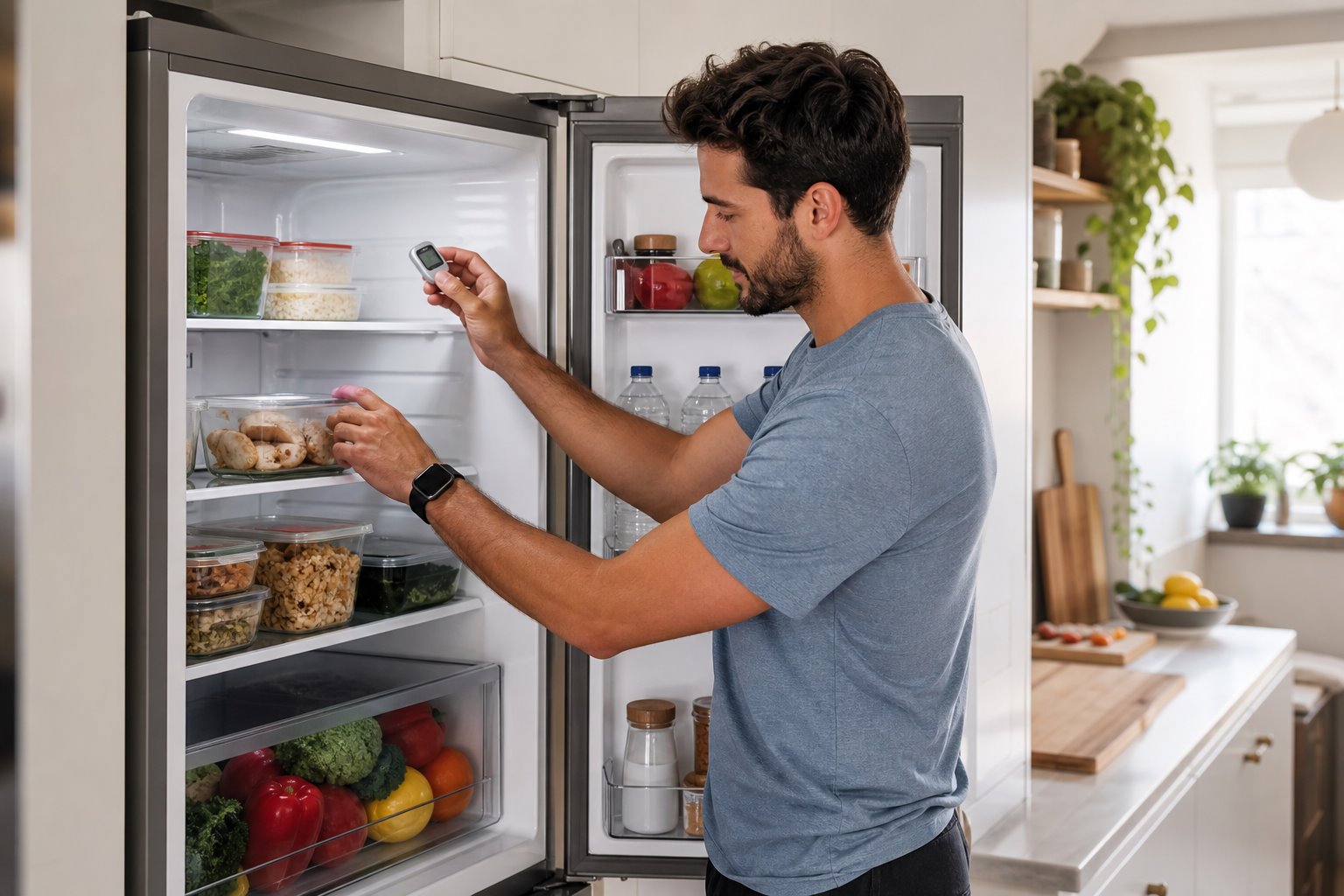 Father sets up food storage in refrigerator