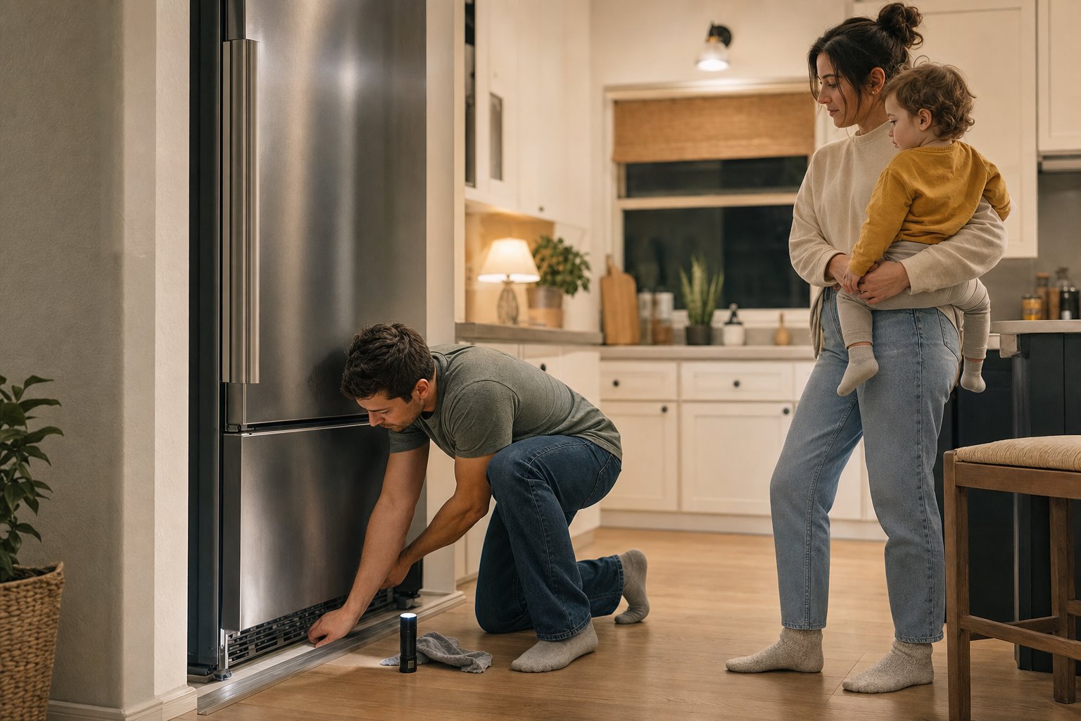 The family safely inspects the refrigerator at home